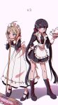  2girls ahoge akamatsu_kaede alternate_costume apron bad_proportions bandaid bangs black_dress black_footwear black_hair blush boots broom cross-laced_footwear cup dangan_ronpa_(series) dangan_ronpa_v3:_killing_harmony dress enmaided frilled_dress frills full_body hair_ornament hair_scrunchie hairclip hand_on_hip harukawa_maki high_heels highres holding holding_tray lace-up_boots leaning_forward long_hair long_sleeves looking_at_viewer low_twintails maid maid_apron maid_headdress multiple_girls nzeneee pink_background pout puffy_sleeves red_scrunchie scrunchie short_dress standing teacup teapot tray twintails very_long_hair violet_eyes waist_apron white_apron 