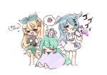  3girls :3 among_us animal_ears animal_on_shoulder bangs black_gloves blanket blonde_hair blue_eyes blush brown_eyes chibi clenched_hands crewmate_(among_us) dragon dragon_ears dragon_girl elira_pendora english_text euphie_vt finana_ryugu gloves green_hair green_ribbon grey_overalls hair_over_one_eye hair_ribbon head_fins highres multiple_girls nijisanji nijisanji_en off_shoulder one_eye_covered overall_shorts overalls pikl_(elira_pendora) pomu_rainpuff red_(among_us) ribbon sleeping smug speech_bubble sweater thinking thought_bubble white_sweater 