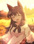  1girl :d ^_^ animal_ear_fluff animal_ears bangs brooch brown_hair closed_eyes dress eyebrows_visible_through_hair field highres imaizumi_kagerou jewelry light_particles long_hair long_sleeves open_mouth outdoors rokugou_daisuke smile solo sun tail touhou upper_body white_dress wide_sleeves wolf_ears wolf_tail 
