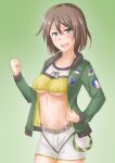  1girl alternate_costume anti_(untea9) belt blue_eyes breasts brown_hair clenched_hand cowboy_shot crop_top dog_tags gradient gradient_background green_background green_jacket hair_ornament hairclip highres jacket kantai_collection looking_at_viewer maya_(kancolle) medium_breasts midriff open_clothes open_jacket open_mouth short_hair shorts solo under_boob white_shorts x_hair_ornament 