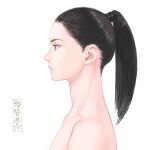  1girl artist_logo black_hair closed_mouth completely_nude from_side long_hair nape nude original ponytail profile shu-mai simple_background solo violet_eyes white_background 