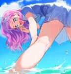 1girl :d belt bent_over blue_eyes clouds hairband laura_la_mer legs long_hair looking_back open_mouth outdoors pink_hair precure skirt sky smile solo sparkle tere tropical-rouge!_precure wading water wet wet_clothes
