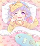  132532 1girl animal_print bed_sheet blue_hair cat cat_day fish_hair_ornament fish_pillow hair_ornament hair_ribbon highres multicolored_hair open_mouth original pajamas pink_hair pink_ribbon ribbon shady_eyes short_twintails sleep_mask twintails violet_eyes yellow_pajamas 