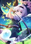  1girl absurdres bangs black_hairband black_legwear black_ribbon blue_eyes branch bug butterfly cherry_blossoms chromatic_aberration commentary cowboy_shot flower full_moon green_shirt green_skirt green_vest grey_hair hair_ribbon hairband highres holding holding_sword holding_weapon insect katana konpaku_youmu konpaku_youmu_(ghost) looking_at_viewer moon mountainous_horizon outdoors petals ribbon shirt short_sleeves skirt socks solo sword touhou vest weapon yuujin_(yuzinn333) 