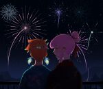  aerial_fireworks alternate_costume blue_kimono couple earrings feather_earrings feathers festival fireworks floral_print from_behind gradient_hair hair_bun highres hololive hololive_english japanese_clothes jewelry kimono mori_calliope multicolored_hair night night_sky nothydrating orange_hair pink_hair print_kimono sky summer_festival takanashi_kiara virtual_youtuber yukata yuri 