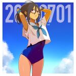  1girl black_hair blue_eyes blue_sky blue_swimsuit clouds commentary_request covered_navel dated glasses harada_yuuichi holding holding_hair looking_at_viewer medium_hair original parted_lips sailor_collar sailor_shirt school_swimsuit school_uniform serafuku shirt sky solo swimsuit swimsuit_under_clothes white_sailor_collar white_shirt 
