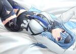  1girl black_legwear blue_hair breasts commentary dealesis english_commentary eula_(genshin_impact) genshin_impact highres large_breasts looking_at_viewer lying medium_hair necktie on_back smile solo thigh-highs violet_eyes 