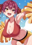  1girl bangs belly blush breasts cheerleader cleavage for-somebody heterochromia hololive houshou_marine looking_at_viewer open_mouth red_eyes redhead ribbon smile solo twintails virtual_youtuber yellow_eyes 