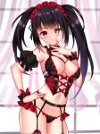  1girl artist_request black_hair black_panties blush bow breasts clock_eyes closed_mouth date_a_live garter_belt hairband heterochromia lingerie lolita_hairband long_hair looking_at_viewer medium_breasts naughty_face navel panties red_bow red_eyes seductive_smile smile solo source_request standing symbol-shaped_pupils tokisaki_kurumi twintails underwear underwear_only uneven_twintails yellow_eyes 