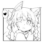  1girl animal_ear_fluff animal_ears bangs black_border border bow braid cat_ears commentary_request greyscale hair_bow heart highres kaenbyou_rin kibisake long_hair long_sleeves looking_at_viewer monochrome one_eye_closed petting shirt simple_background solo spoken_heart touhou twin_braids twintails upper_body white_background 