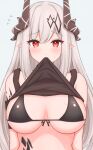  1girl arknights bangs bare_shoulders bikini bikini_top black_bikini blush breasts clothes_lift eyebrows_visible_through_hair grey_background grey_hair hair_ornament highres large_breasts looking_at_viewer mudrock_(arknights) pointy_ears red_eyes risshu shirt_in_mouth shirt_lift sideboob simple_background sleeveless solo swimsuit under_boob upper_body 