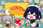  2girls 6_(yuchae) antenna_hair apron bangs blue_hair blush bronya_zaychik closed_eyes closed_mouth drill_hair eating food grey_eyes grey_hair hair_between_eyes heart holding honkai_(series) honkai_impact_3rd ketchup ketchup_bottle maid maid_apron maid_headdress multiple_girls omelet plate seele_vollerei speech_bubble spoon twin_drills 