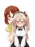  2girls @_@ asai_makoto bangs black_neckwear black_ribbon black_skirt blush bow bowtie brown_eyes brown_hair casual collared_shirt commentary_request girls_und_panzer hair_ribbon half-closed_eyes hands_on_another&#039;s_shoulders high-waist_skirt highres light_brown_hair long_hair long_sleeves looking_at_another multiple_girls nishizumi_miho one_side_up ribbon shimada_arisu shirt short_hair simple_background skirt standing suspender_skirt suspenders v_arms white_background white_shirt yuri 