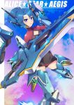  1girl alice_gear_aegis bangs blue_eyes blue_hair bodysuit character_request clouds copyright_name flying gamiani_zero highres holding holding_sword holding_weapon looking_at_viewer mecha_musume open_hand open_mouth ponytail science_fiction sky smile solo sword weapon 