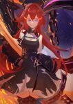  1girl absurdres arknights black_dress chain collar demon demon_girl demon_horns dress highres horns looking_at_viewer otareya redhead slit_pupils spiked_collar spikes surtr_(arknights) sword thigh-highs violet_eyes weapon 