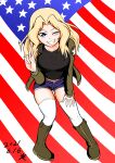  1girl 2021 absurdres american_flag_background black_tank_top blonde_hair blue_eyes blush boots breasts dated denim denim_shorts diagonal_stripes girls_und_panzer hair_intakes hand_on_own_knee highres kay_(girls_und_panzer) kirin_(davidbk) knee_boots large_breasts leaning_forward long_hair saunders_military_uniform shorts smile solo striped tank_top thigh-highs v 