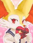  1girl ancesra animal_ear_fluff animal_ears animal_nose artist_name blue_neckwear blue_sailor_collar blush body_fur box braixen brown_ribbon commentary covering_mouth english_text fox_ears fox_girl furry gen_6_pokemon gift gradient gradient_background hands_up heart heart-shaped_box heart_background holding holding_box holding_gift long_sleeves looking_at_viewer neckerchief nose_blush outline pink_background pokemon pokemon_(creature) red_eyes ribbon sailor_collar school_uniform serafuku shirt snout solo symbol_commentary two-tone_fur upper_body valentine watermark white_fur white_outline white_shirt yellow_fur 
