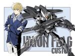  1boy blonde_hair blue_eyes blue_jacket character_name collared_shirt crossed_arms flag_custom graham_aker grey_neckwear gun gundam gundam_00 highres holding holding_gun holding_weapon jacket male_focus mecha military military_uniform mobile_suit nanao_parakeet necktie scar scar_on_face shirt uniform visor weapon white_shirt 