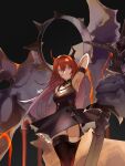 1girl absurdres arknights arm_up collar demon demon_girl demon_horns dress highres holding holding_weapon horns huge_filesize looking_at_viewer redhead scdz2344 spiked_collar spikes surtr_(arknights) sword thigh-highs violet_eyes weapon 