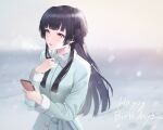  1girl black_hair blush cellphone eyebrows_visible_through_hair hair_between_eyes highres holding holding_phone idolmaster idolmaster_shiny_colors long_hair mayuzumi_fuyuko phone snow ven_(ven_neojio) yellow_eyes 