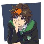  1girl absurdres annoyed bangs brown_hair hand_on_own_face harry_potter harry_potter:_hogwarts_mystery head_rest highres looking_to_the_side merula_snyde mikkusushi multicolored_hair orange_hair slytherin solo 