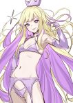 1girl bikini blonde_hair breasts choker closed_mouth colored_inner_hair cowboy_shot crown elbow_gloves garter_belt garter_straps gloves hand_on_hip hand_up highres long_hair looking_at_viewer michitaro_smile multicolored_hair navel original purple_bikini purple_choker purple_gloves purple_hair simple_background small_breasts solo sparkle swimsuit symbol-shaped_pupils tongue tongue_out very_long_hair violet_eyes white_background 