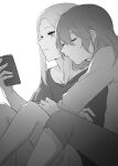  2girls absurdres byleth_(fire_emblem) byleth_eisner_(female) capri_pants cellphone chinese_commentary closed_eyes closed_mouth collarbone commentary_request edelgard_von_hresvelg english_commentary fire_emblem fire_emblem:_three_houses greyscale hand_on_another&#039;s_arm hand_up highres holding holding_phone hug hug_from_behind long_hair long_sleeves looking_at_phone mixed-language_commentary monochrome multiple_girls natsuyiro_x pants phone shirt simple_background sleeping smartphone smile white_background yuri 