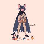  1boy absurdres artist_name black_hair cape checkered checkered_scarf dangan_ronpa_(series) dangan_ronpa_v3:_killing_harmony full_body highres mickey_mouse mouse_(computer) ouma_kokichi overine19 purple_hair rubber_duck scarf shoes short_hair solo straitjacket toy violet_eyes 