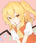  1girl bangs blonde_hair crystal fang flandre_scarlet kae_karee looking_at_viewer no_hat no_headwear open_mouth pink_background pointy_ears red_eyes red_vest shirt short_sleeves side_ponytail simple_background skin_fang solo touhou upper_body vest white_shirt wings yellow_neckwear 