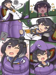  1girl arbok bdsm black_hair blue_sailor_collar blush bondage bound constriction crossover flying_sweatdrops gen_1_pokemon hairband highres kantai_collection neckerchief one_eye_closed open_mouth pokemon_(creature) rantana_(lalalalackluster) sailor_collar school_uniform serafuku shirt sidelocks tokitsukaze_(kancolle) violet_eyes white_shirt wide-eyed yellow_neckwear 