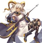  1girl animal_ears arknights beeswax_(arknights) black_collar black_footwear black_jacket boots brown_hair chagara collar commentary dark-skinned_female dark_skin dress full_body goat_ears goat_girl goat_horns highres holding holding_staff horns infection_monitor_(arknights) jacket long_hair off-shoulder_dress off_shoulder open_clothes open_jacket outstretched_hand parted_lips solo staff thigh_strap twitter_username white_dress yellow_eyes 