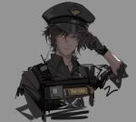  1boy alternate_costume arknights black_gloves black_hair black_headwear black_shirt character_name cropped_torso earpiece gloves grey_background hand_on_headwear hand_up hat highres male_focus peaked_cap shirt short_hair simple_background solo thorns_(arknights) upper_body walkie-talkie xiandao1213 yellow_eyes 