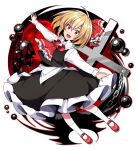  1girl :d ascot bangs black_skirt black_vest blonde_hair bubble chain cross eyebrows_visible_through_hair fang full_body hair_ribbon highres kuroshirase long_sleeves looking_at_viewer open_mouth outstretched_arms red_eyes red_footwear red_neckwear red_ribbon ribbon rumia shirt short_hair skin_fang skirt smile solo touhou vest white_legwear white_shirt 
