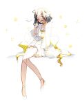  1girl bangs black_eyes black_hair bow catchphrase dress english_commentary euphie_vt hair_bow high_heels highres indie_virtual_youtuber open_mouth ryusei_nova short_hair sitting sketch smile solo star_(symbol) virtual_youtuber white_bow white_dress white_footwear 