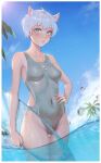  1girl :o animal_ears artist_name blush breasts clouds day groin hand_on_hip navel one-piece_swimsuit original outdoors palm_tree partially_submerged qizhu short_hair silver_hair sky solo standing sun surfboard swimsuit thigh_gap tree water 