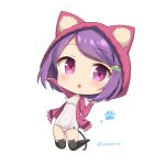  1girl animal_ear_legwear animal_hood black_legwear cat_ear_legwear cat_hood chibi covered_navel full_body hood hood_up hooded_jacket jacket kneeling long_sleeves looking_at_viewer one-piece_swimsuit open_clothes open_jacket original parted_lips paw_print pink_eyes pink_jacket purple_hair sasaame simple_background solo swimsuit thigh-highs twitter_username white_background white_swimsuit 