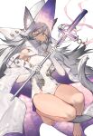  1girl animal_ears barefoot breasts gloves grey_hair hair_between_eyes hat holding holding_staff long_hair looking_at_viewer noy original parted_lips simple_background slit_pupils solo staff tail violet_eyes white_background white_gloves 