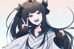  1girl artemis_of_the_blue artist_name atelier_live bangs black_eyes black_hair blue_tongue blunt_bangs colored_tongue eyebrows_visible_through_hair highres long_hair looking_at_viewer okyurita ponytail shark_fin shark_girl sharp_teeth teeth v virtual_youtuber 