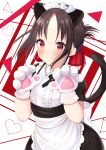  absurdres animal_ears apron bangs black_hair blush cat_ears cat_paws cat_tail closed_mouth eyebrows_visible_through_hair folded_ponytail gloves hair_ribbon hands_up heart highres kaguya-sama_wa_kokurasetai_~tensai-tachi_no_renai_zunousen~ maid maid_apron maid_headdress medium_hair nari_(narikashi) nervous paws red_eyes red_ribbon ribbon shinomiya_kaguya tail tied_hair white_gloves 