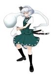  1girl absurdres angry black_legwear bow bowtie choker flower ghost green_shirt green_skirt hairband highres katana konpaku_youmu mary_janes scowl seal shirt shoes short_hair skirt solo sword toroke_mochi touhou weapon white_hair 