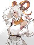  1girl animal_ears arknights arm_behind_head bare_shoulders beeswax_(arknights) beeswax_(arknights)_(cosplay) beeswax_(weisser_sand)_(arknights) beeswax_(weisser_sand)_(arknights)_(cosplay) belt black_belt cardigan carnelian_(arknights) chinese_commentary commentary cosplay dark-skinned_female dark_skin dress goat_ears goat_girl goat_horns highres holding holding_hair horns looking_at_viewer mabing official_alternate_costume open_cardigan open_clothes red_eyes short_hair sideways_glance simple_background smile solo upper_body white_background white_cardigan white_dress white_hair 