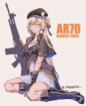  1girl absurdres ar-70_(girls_frontline) beret blonde_hair boots girls_frontline green_eyes hat highres knee_boots kneeling lithographica long_hair sketch smile solo very_long_hair 