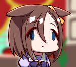  1girl air_groove_(umamusume) animal_ears blank_stare bow brown_hair chibi commentary_request ear_bow empty_eyes eyebrows_visible_through_hair eyes_visible_through_hair face_of_the_people_who_sank_all_their_money_into_the_fx getumentour hair_between_eyes highres horse_ears horse_girl school_uniform short_hair solo tracen_school_uniform traumatized umamusume upper_body yellow_bow 