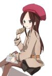  1girl belt beret black_skirt blush brown_hair brown_legwear brown_sweater cookie eating feet_out_of_frame fish food hat long_hair looking_at_viewer original pantyhose red_headwear shiroshi_(denpa_eshidan) skirt sweater white_background 