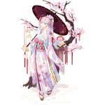  1girl ahoge artist_request bangs black_surge_night blush branch cherry_blossoms closed_mouth ema floral_print flower frills hair_flower hair_ornament holding hood_(black_surge_night) japanese_clothes kimono long_hair obi official_art oil-paper_umbrella petals pink_hair sandals sash tabi transparent_background tree umbrella violet_eyes wide_sleeves 