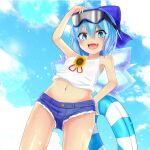  1girl :d absurdres alternate_costume bangs blue_bow blue_eyes blue_hair blue_shorts blue_sky bow breasts buoy cirno clouds denim denim_shorts eyewear_on_head fang flower from_below hair_bow highres ice ice_wings jemen light_particles looking_at_viewer navel open_mouth outdoors short_hair shorts sky small_breasts smile solo standing sunflower tank_top tanned_cirno touhou white_tank_top wings 