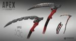  absurdres apex_legends arrow_(symbol) company_name concept_art copyright_name electricity grey_background highres logo multiple_views no_humans official_art prog_(progwwww) science_fiction scythe weapon weapon_sheet 