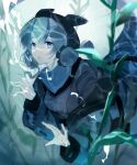  1girl absurdres animal_ears arknights bangs blue_eyes blue_hair crossazaphael eyebrows_visible_through_hair glaucus_(arknights) highres jacket long_sleeves low_twintails multicolored_hair off_shoulder open_mouth solo streaked_hair twintails underwater 