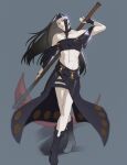  1boy ark1478 bare_shoulders belt boots choker fingerless_gloves gloves guilty_gear guilty_gear_xx highres holding holding_weapon long_hair midriff pale_skin red_eyes scythe skirt solo_focus straight_hair testament_(guilty_gear) thigh_strap weapon 