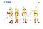  1boy bald belt boots cape character_sheet copyright copyright_name gloves highres male_focus multiple_views official_art one-punch_man production_art red_footwear red_gloves saitama_(one-punch_man) scan scan_artifacts superhero turnaround white_cape zip_available zipper zipper_pull_tab 